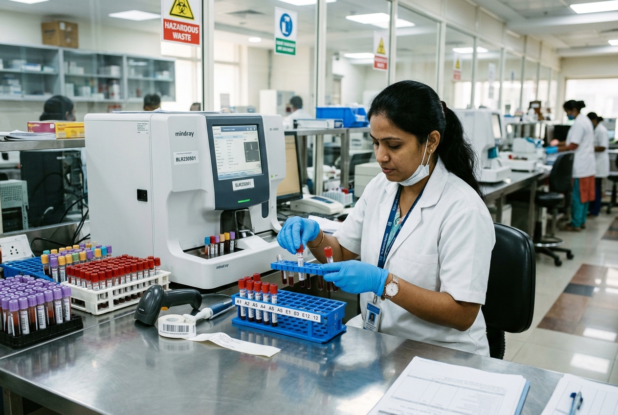 Indian medical laboratory technician analyzing test tube samples
