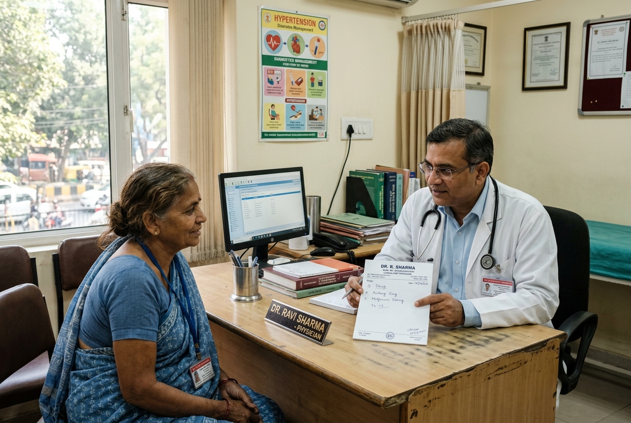 Indian general physician doctor consulting with patient at clinic desk