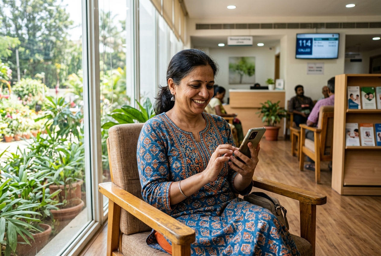 Calm Indian patient in sunlit modern clinic lounge