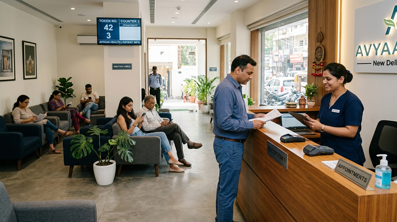Calm modern Indian clinic waiting lounge with relaxed patients in New Delhi